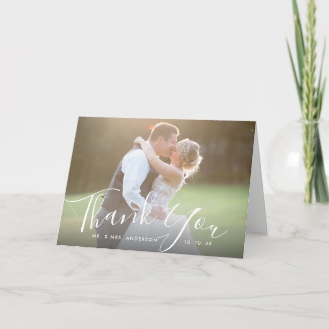 Chic Script Hand Lettered Photo Wedding Thank You Card (Front)