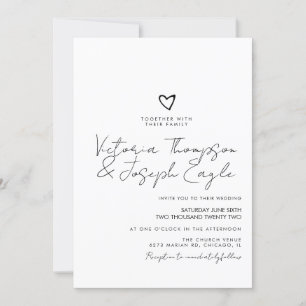 Chic Script Heart Slanted Black White Wedding   Invitation