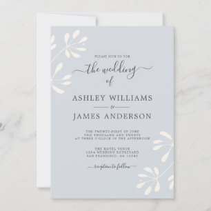 Chic Script Ivory Foliage Pastel Blue Wedding Invitation