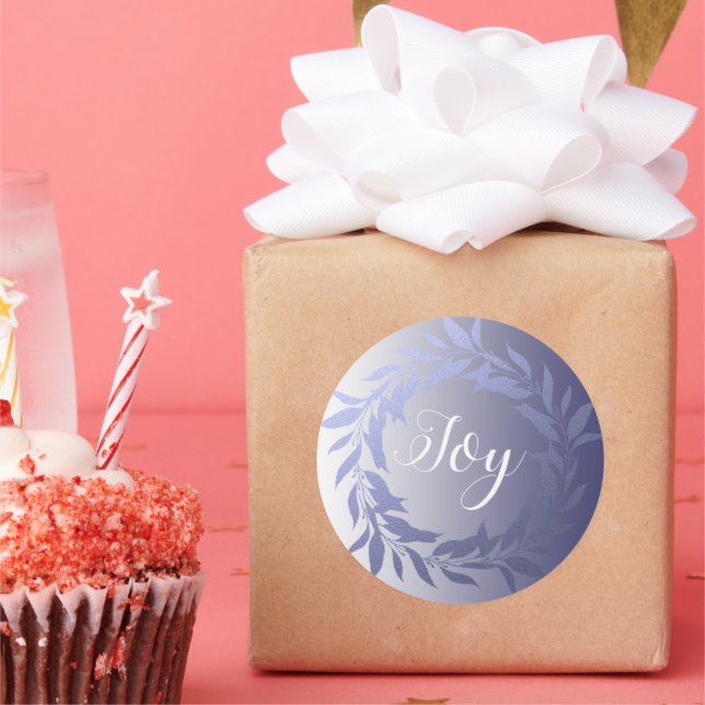 Chic Script Joy Blue Foil Wreath Christmas Classic Classic Round Sticker (Party)