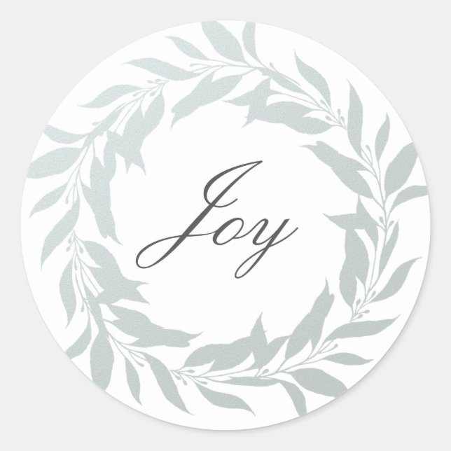 Chic Script Joy Light Blue Foil Wreath Christmas Classic Round Sticker (Front)