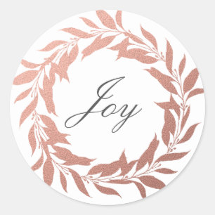 Chic Script Joy Rose Gold Wreath Christmas Classic Round Sticker