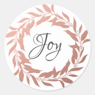Chic Script Joy Rose Gold Wreath Christmas Classic Round Sticker