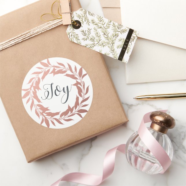 Chic Script Joy Rose Gold Wreath Christmas White Classic Round Sticker (Gifting)