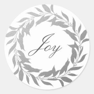 Chic Script Joy Silver Grey Wreath Christmas Classic Round Sticker