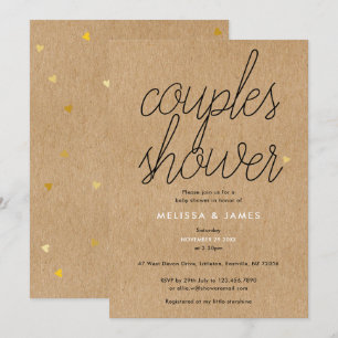 Chic Script Kraft Gold Hearts Couples Baby Shower Invitation
