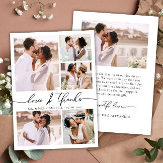 Chic Script Love and Thanks Photo Collage Wedding Thank You Card