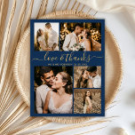 Chic Script Love and Thanks Wedding Thank You  Pos Postcard<br><div class="desc">Elegant, Minimalist Gold and Navy Script Wedding 5 Photo Collage Thank You Postcard. Modern wedding thank you card template featuring five (5) photo on the front and one (1) photo on the back. With the text "Love and thanks" in a swirly hand lettered typography script font in gold on navy...</div>