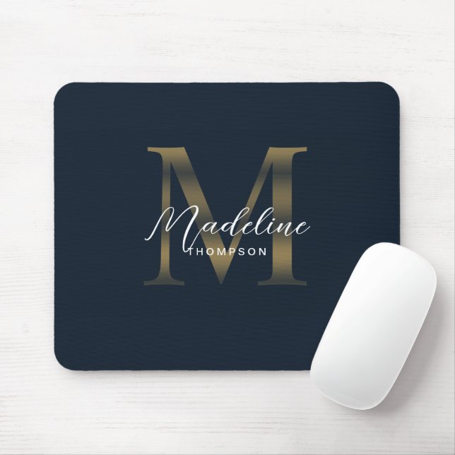 Chic Script Metallic Navy Blue and Gold Monogram Mouse Mat (With Mouse)