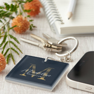 Chic Script Metallic Navy Blue Gold Monogram Key Ring