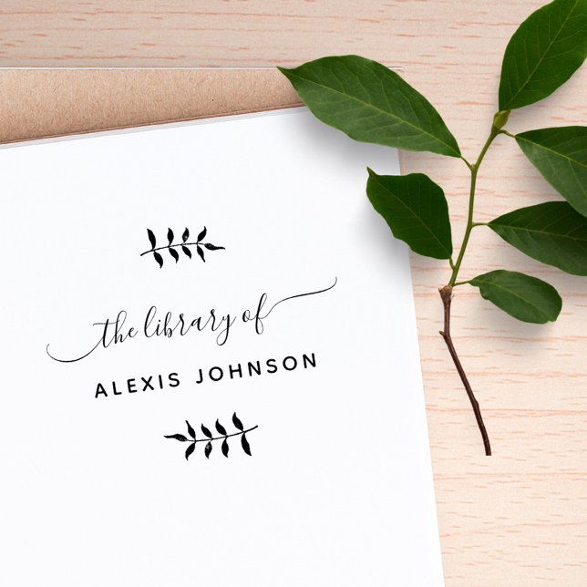 Chic Script Modern Botanical Library Books Rubber Stamp (Creator Uploaded)