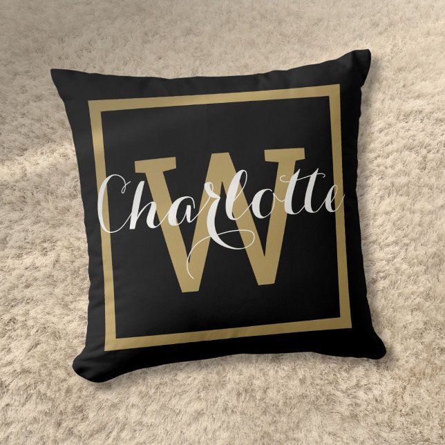 Chic Script Modern Gold Monogram Black Cushion (Chic Script Modern Gold Monogram Black Throw Pillow)