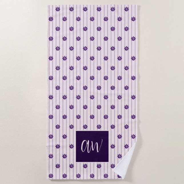 Chic Script Monogram Flowers Blush Violet Striped Beach Towel (Front)