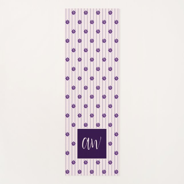 Chic Script Monogram Flowers Blush Violet Striped Yoga Mat (Front)