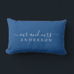 Chic Script Mr Mrs Blue Newlywed Monogram Lumbar Cushion<br><div class="desc">Chic, modern monogram blue pillow with the text Mr and Mrs in white elegant script. Simply add your married name. Perfect luxury gift for the newlywed couple. Exclusively designed for you by Happy Dolphin Studio. If you need any help or matching products please contact us at happydolphinstudio@outlook.com. We're happy to...</div>