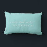Chic Script Mr Mrs Bright Blue Newlywed Monogram Lumbar Cushion<br><div class="desc">Chic, modern monogram turquoise blue pillow with the text Mr and Mrs in white elegant script. Simply add your married name. Perfect luxury gift for the newlywed couple. Exclusively designed for you by Happy Dolphin Studio. If you need any help or matching products please contact us at happydolphinstudio@outlook.com. We're happy...</div>