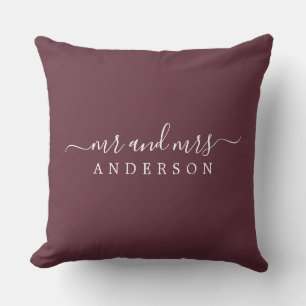 Chic Script Mr Mrs Burgundy Newlywed Monogram Cushion