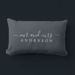 Chic Script Mr Mrs Charcoal Blue Newlywed Monogram Lumbar Cushion<br><div class="desc">Chic, modern monogrammed charcoal blue pillow with the text Mr and Mrs in white elegant script. Simply add your married name. Perfect luxury gift for the newlywed couple. Exclusively designed for you by Happy Dolphin Studio. If you need any help or matching products please contact us at happydolphinstudio@outlook.com. We're happy...</div>