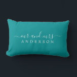 Chic Script Mr Mrs Green Newlywed Monogram Lumbar Cushion<br><div class="desc">Chic, modern monogram green pillow with the text Mr and Mrs in white elegant script. Simply add your married name. Perfect luxury gift for the newlywed couple. Exclusively designed for you by Happy Dolphin Studio. If you need any help or matching products please contact us at happydolphinstudio@outlook.com. We're happy to...</div>