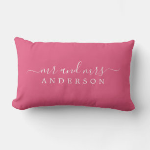 Chic Script Mr Mrs Hot Pink Newlywed Monogram Lumbar Cushion