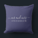 Chic Script Mr Mrs Navy Blue Newlywed Monogram Cushion<br><div class="desc">Chic, modern monogrammed navy blue pillow with the text Mr and Mrs in white elegant script. Simply add your married name. Perfect gift for the newlywed couple. Exclusively designed for you by Happy Dolphin Studio. If you need any help or matching products please contact us at happydolphinstudio@outlook.com. We're happy to...</div>