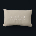 Chic Script Mr Mrs Shiitake Grey Newlywed Monogram Lumbar Cushion<br><div class="desc">Chic, modern monogrammed shiitake grey pillow with the text Mr and Mrs in white elegant script. Simply add your married name. Perfect luxury gift for the newlywed couple. Exclusively designed for you by Happy Dolphin Studio. If you need any help or matching products please contact us at happydolphinstudio@outlook.com. We're happy...</div>