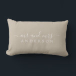 Chic Script Mr Mrs Shiitake Grey Newlywed Monogram Lumbar Cushion<br><div class="desc">Chic, modern monogrammed shiitake grey pillow with the text Mr and Mrs in white elegant script. Simply add your married name. Perfect luxury gift for the newlywed couple. Exclusively designed for you by Happy Dolphin Studio. If you need any help or matching products please contact us at happydolphinstudio@outlook.com. We're happy...</div>