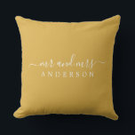 Chic Script Mr Mrs Yellow Ochre Newlywed Monogram Cushion<br><div class="desc">Chic, modern monogrammed pillow with the text Mr and Mrs in white elegant script on a yellow ochre background. Simply add your married name. Perfect luxury gift for the newlywed couple. If you need any help or matching products please contact us at happydolphinstudio@outlook.com. We're happy to help you make your...</div>