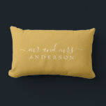 Chic Script Mr Mrs Yellow Ochre Newlywed Monogram Lumbar Cushion<br><div class="desc">Chic, modern monogrammed pillow with the text Mr and Mrs in white elegant script on a yellow ochre background. Simply add your married name. Perfect luxury gift for the newlywed couple. Exclusively designed for you by Happy Dolphin Studio. If you need any help or matching products please contact us at...</div>