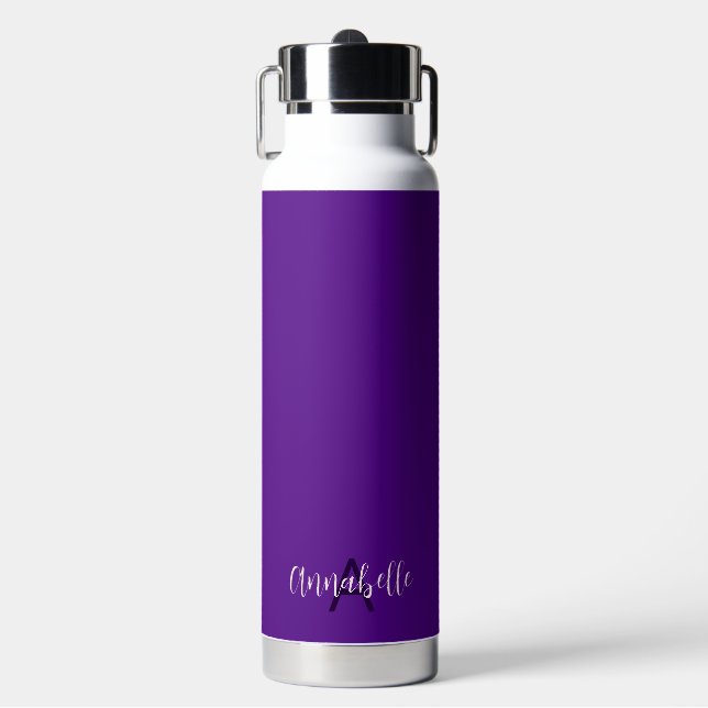 Chic Script Name & Monogram Solid Indigo Purple Water Bottle (Front)