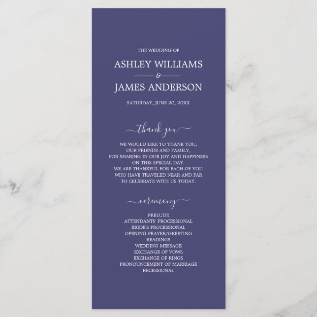 Chic Script Navy Blue Simple Minimal Wedding Programme (Front)