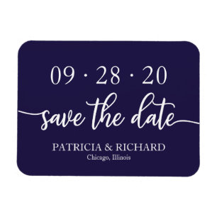 Chic Script Navy Blue Wedding Save The Date Magnet