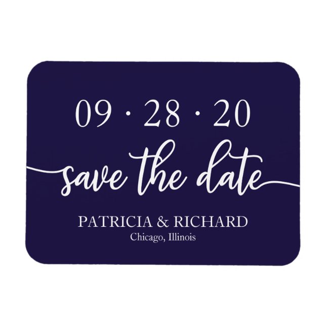 Chic Script Navy Blue Wedding Save The Date Magnet (Horizontal)
