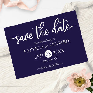 Chic Script Navy Blue Wedding Save The Date Postcard