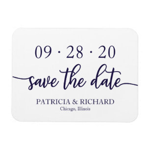 Chic Script Navy Blue White Wedding Save The Date Magnet