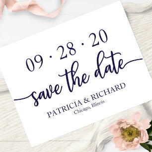 Chic Script Navy Blue White Wedding Save The Date Postcard