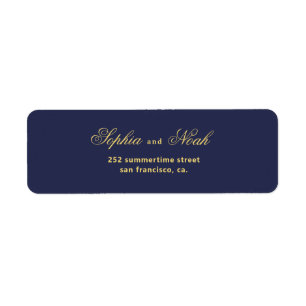 Chic script navy gold wedding return address