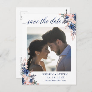 Chic Script Navy Peach Floral Photo Save the Date Postcard