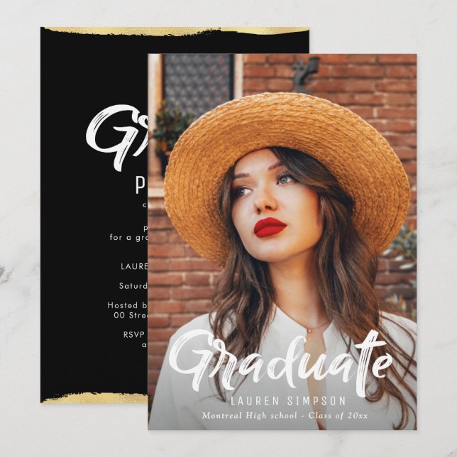 Chic script overlay graduation party invitation (Front/Back)