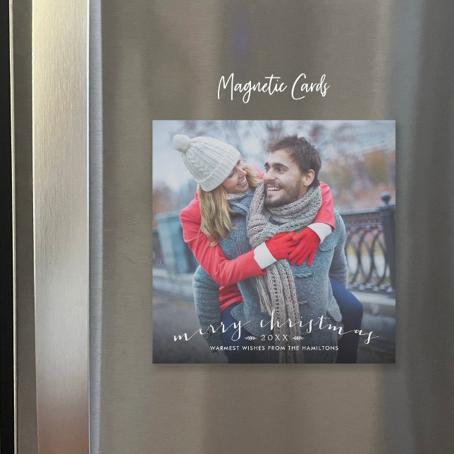 Chic Script Overlay Magnetic Christmas Photo Card (Creator Uploaded)