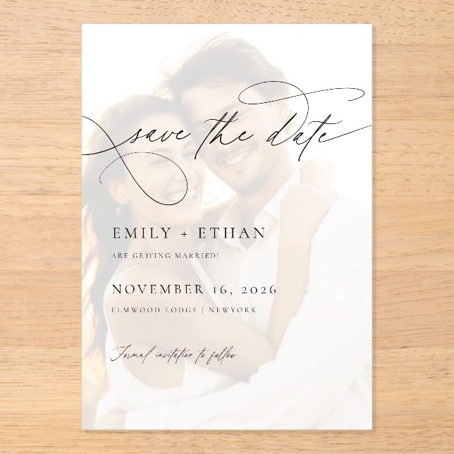 Chic Script Overlay Photo Wedding Save The Date Acrylic Invitations (Front)
