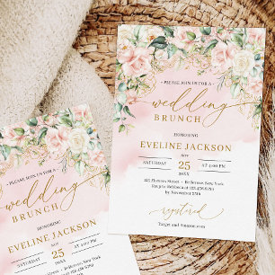 Chic script pastel pink roses sage wedding brunch invitation