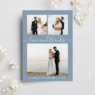 Chic Script Photo Collage Dusty Blue Wedding Thank You Card