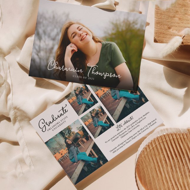 Chic Script Photo Collage Graduation Inivitation Announcement (Creator Uploaded)