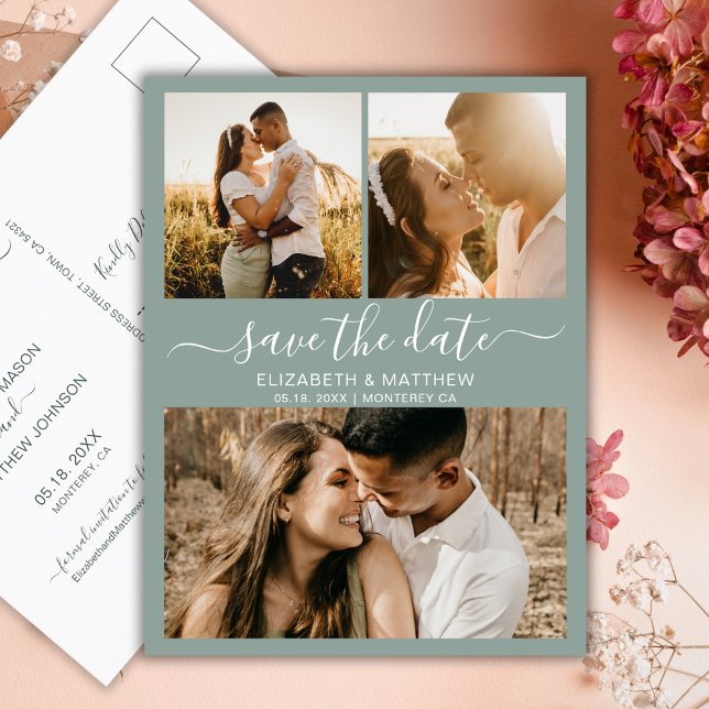 Chic Script Photo Collage Sage Green Save The Date Announcement Postcard (Creator Uploaded)