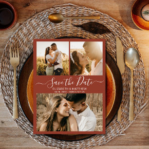 Chic Script Photo Collage Terracotta Save The Date Announcement Postcard