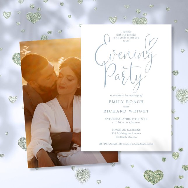 Chic Script Photo Dusty Blue Wedding Evening Party Invitation (Chic Script Photo Dusty Blue Wedding Evening Party Invitation)