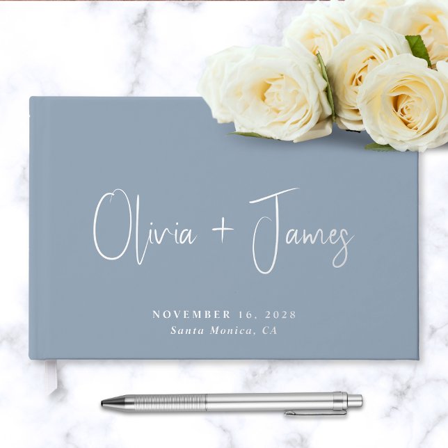 Chic Script Photo Dusty Blue Wedding Guest Book (Creator Uploaded)