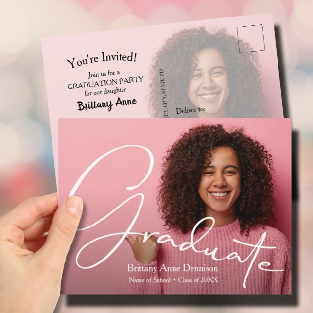 Chic Script Photo Graduation Party Invitation Postcard (Creator Uploaded)