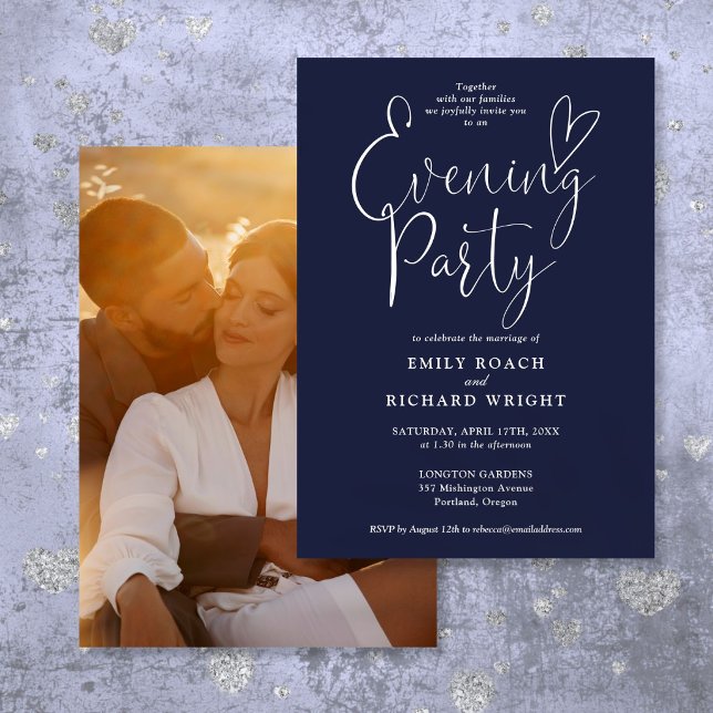 Chic Script Photo Navy Blue Wedding Evening Party Invitation (Chic Script Photo Navy Blue Wedding Evening Party Invitation)